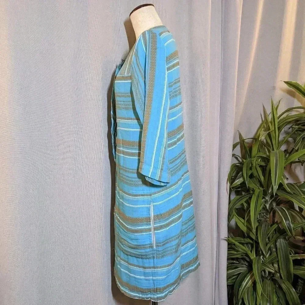 Ace & Jig Dress Turqoise Blue Pockets Striped Button Long Sleeve Size XS